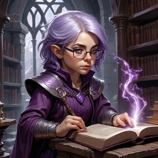 Prompt: dungeons and dragons, fantasy art, female halfling, dark purple and silver hair, wearing glasses, wizard, casting spell, ancient library,