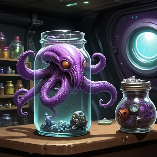 Prompt: Sci-fi starfinder space faring purple tentacle  in a jar alien shopkeep junk dealer