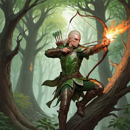 Prompt: dungeons and dragons, fantasy art, Elven Male, Ranger, long Bow, Shooting flaming arrow, green leaf armor, Adventurer, woods, perched in tree branches,