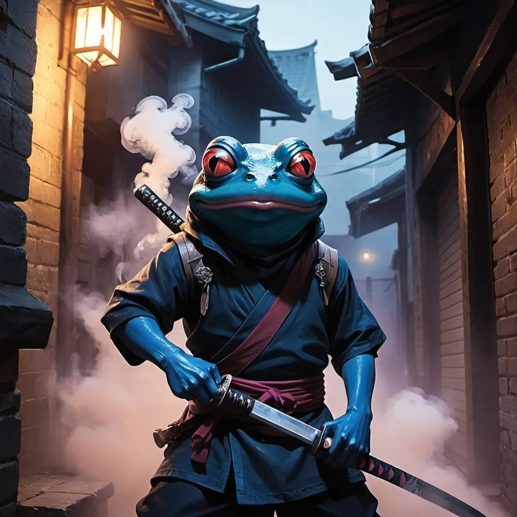 Prompt: dungeons and dragons, fantasy art, small Mutant frog child, dark neon blue skin, Ninja, Stealth, White-goroi, ninja-goroi, Fantasy city, night, back alley, ninja mask mouth covered, smoke bomb in background, holding katana,