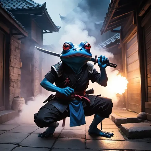 Prompt: dungeons and dragons, fantasy art, small Mutant frog child, dark neon blue skin, Ninja, Stealth, White-goroi, ninja-goroi, Fantasy city, night, back alley, ninja mask mouth covered, smoke bomb in background, wielding Japanese style katana, crouching,