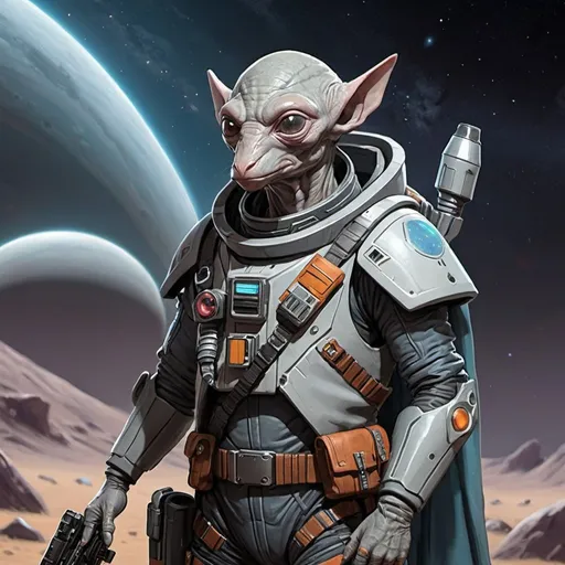 Prompt: Sci-fi starfinder space faring traditional gray alien bounty hunter