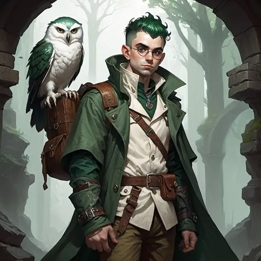 Prompt: dungeons and dragons, fantasy art, Halfling male, artificer, dark green hair, white owlin, standing on shoulders wearing a trench coat