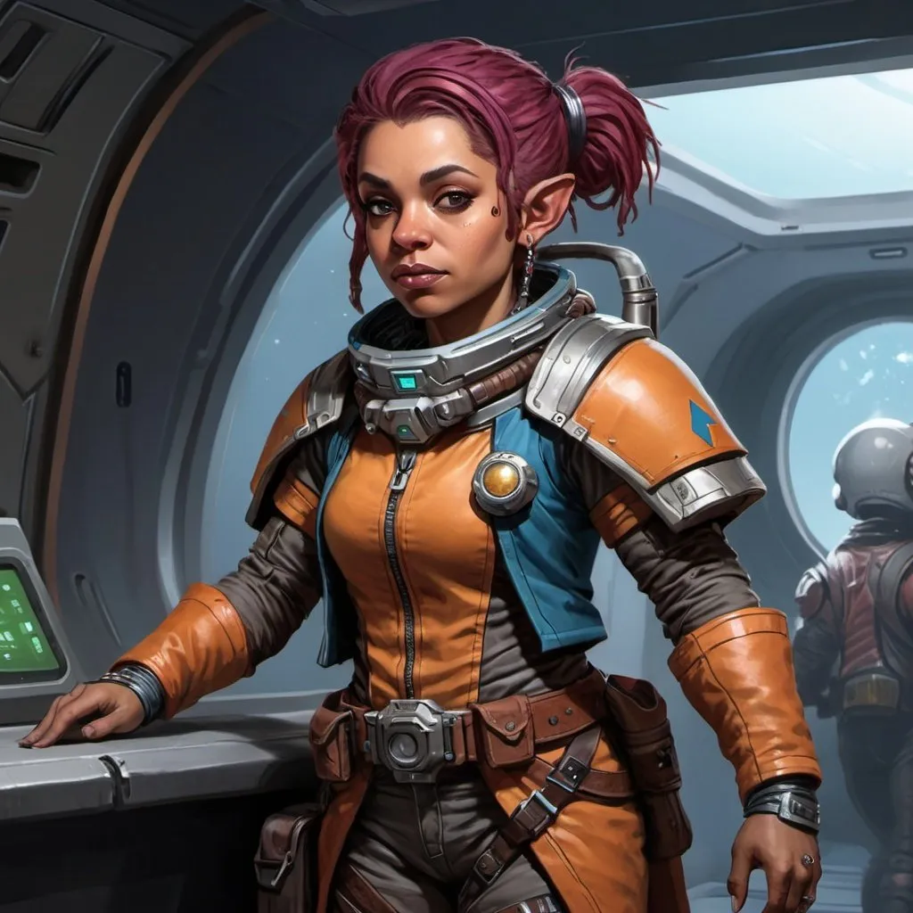 Prompt: sci fi starfinder space faring female halfling woman bodega
