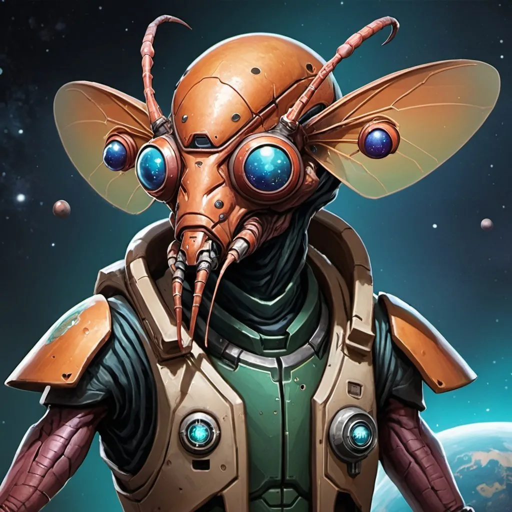 Prompt: Sci-fi starfinder space faring Insectoid shopkeep junk dealer