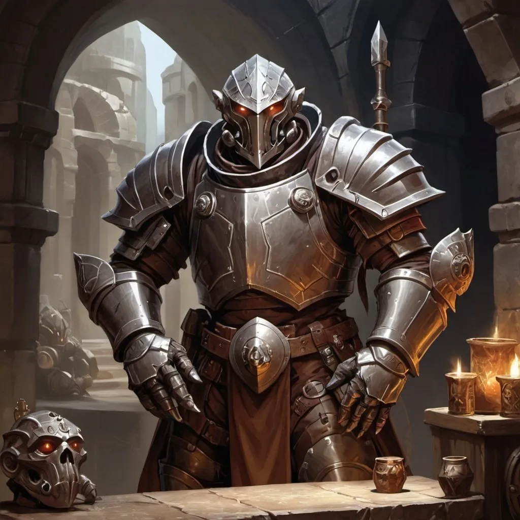 Prompt: dungeons and dragons, Warforged, Eberron, Keith Baker Adventurer, dark dank dungeon,