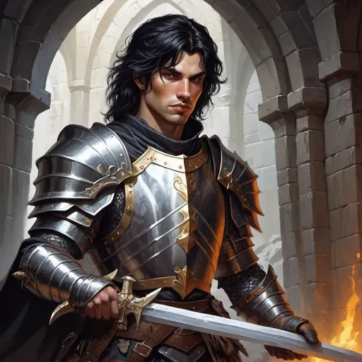 Prompt: dungeons and dragons, fantasy art, Human Male, Paladin, black hair, square jaw, Shiny plate mail armor, Holy sword, Adventurer, dark dank dungeon,