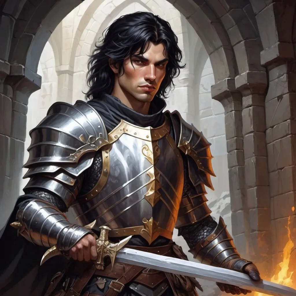 Prompt: dungeons and dragons, fantasy art, Human Male, Paladin, black hair, square jaw, Shiny plate mail armor, Holy sword, Adventurer, dark dank dungeon,