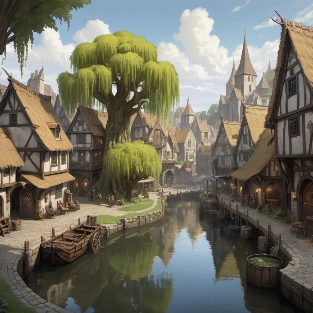 Prompt: dungeons and dragons, Fantasy art, large bustling fantasy city, Warf, dockside, dirty thatch buildings, cobblestone street, willow tree overlooking large circular pond 