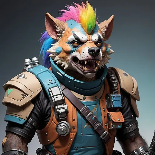 Prompt: sci-fi starfinder space faring Gnoll wit rainbow colored Mohawk bounty hunter