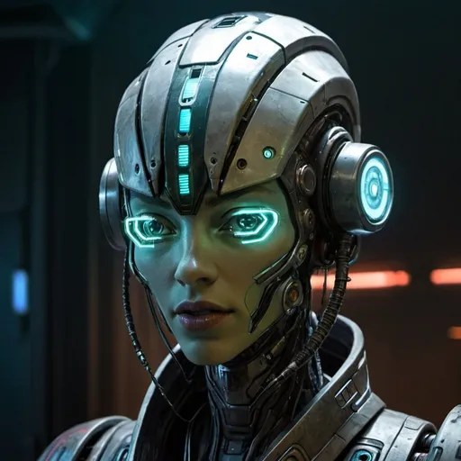 Prompt: Sci-fi, starfinder, space faring, cyberpunk, android, robot, hard light projected face,