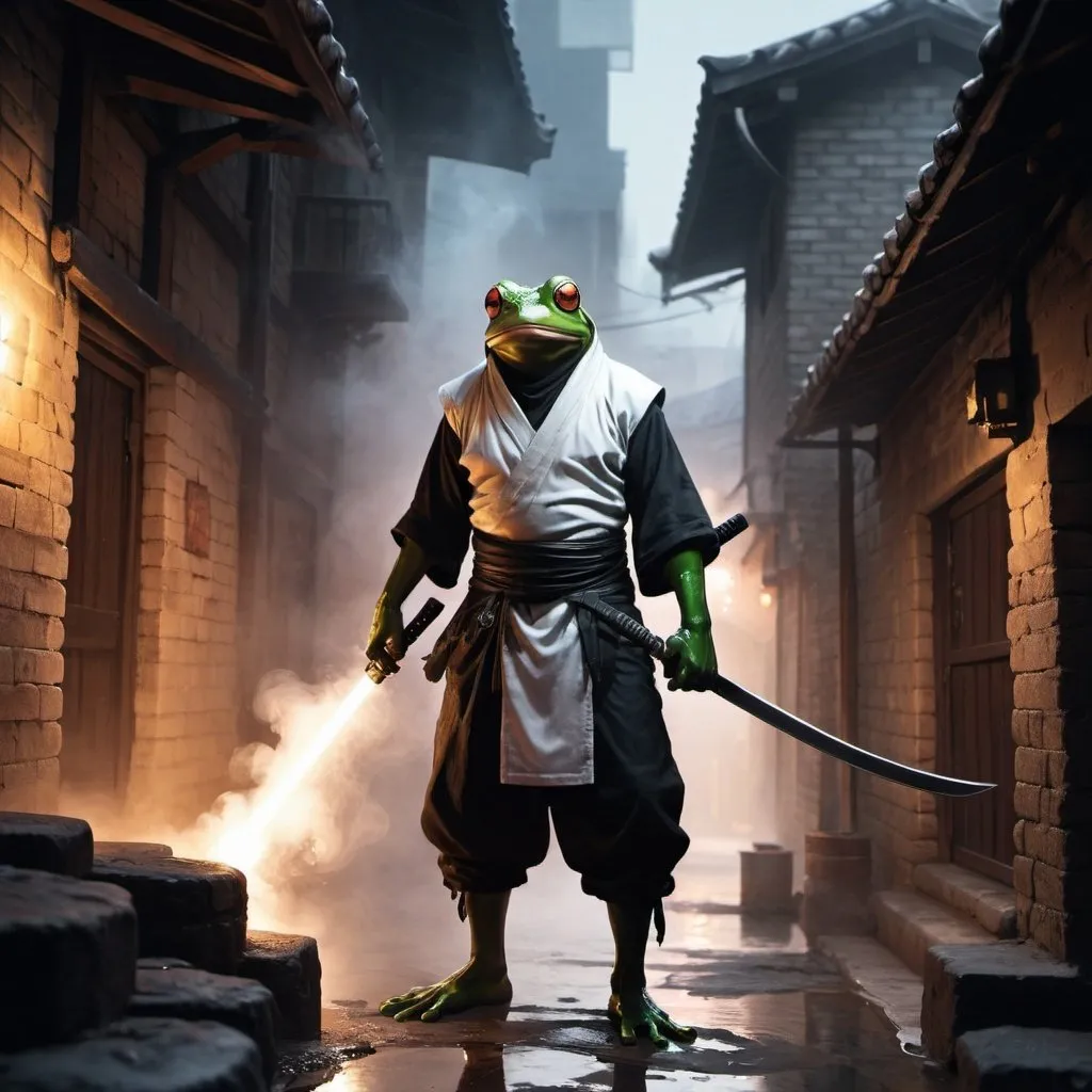 Prompt: dungeons and dragons, fantasy art, small Mutant frog man, Ninja, Stealth, White goroi, ninja-goroi, Fantasy city, night, back alley, covered face, smoke bomb in background, holding katana