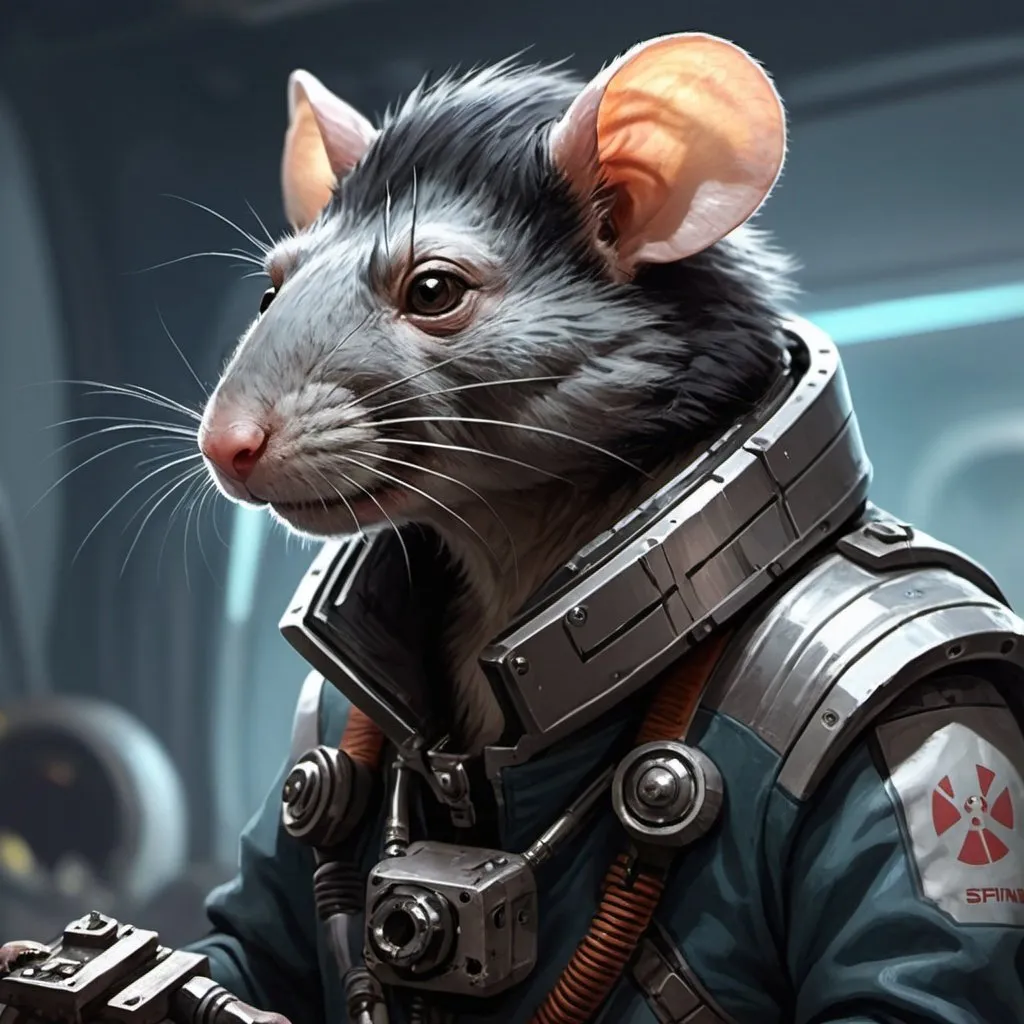 Prompt: sci fi starfinder space faring rat-person with black fur and a silver stripe across the face mechanic working on a broken drone

