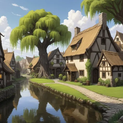 Prompt: dungeons and dragons, Fantasy art, thatch town, cobblestone street, willow tree overlooking large pond 