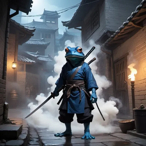 Prompt: dungeons and dragons, fantasy art, small Mutant frog child, blue skin, Ninja, Stealth, White-goroi, ninja-goroi, Fantasy city, night, back alley, ninja mask, smoke bomb in background, holding katana,