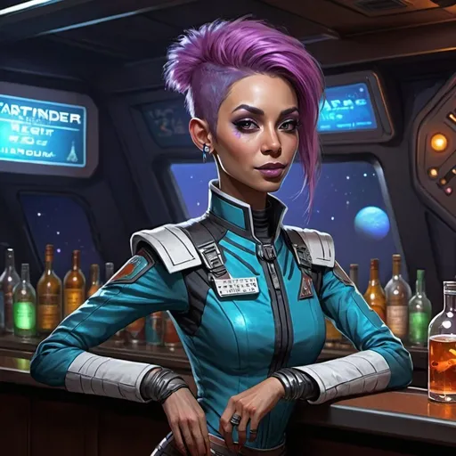 Prompt: Sci fi starfinder space faring Skinny Human night club bartender