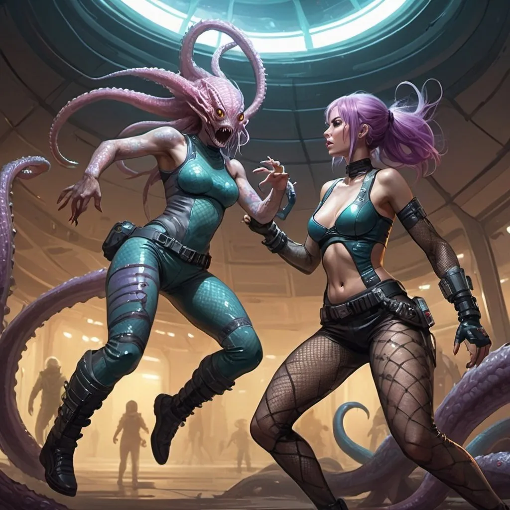 Prompt: sci fi starfinder space faring female human in fishnet leggings fighting tentacle monster
