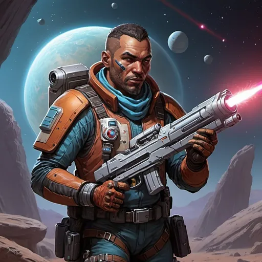 Prompt: Sci-fi starfinder space faring human man bounty hunter assassin with laser rifle