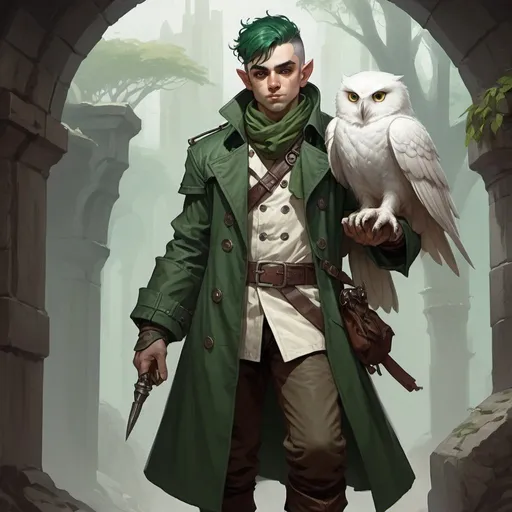 Prompt: dungeons and dragons, fantasy art, Halfling male, artificer, dark green hair, white owlin, standing on shoulders wearing a trench coat