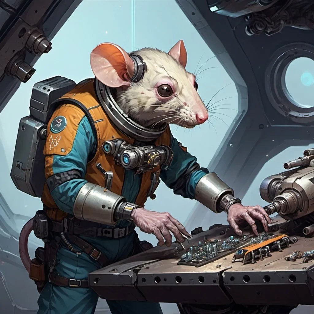 Prompt: sci fi starfinder space faring rat-person mechanic working on a broken mech

