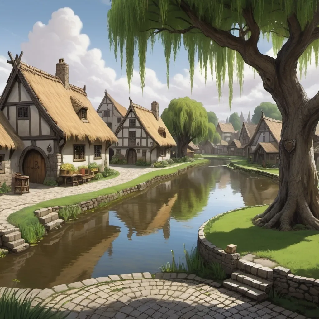 Prompt: dungeons and dragons, Fantasy art, thatch town, cobblestone street, willow tree overlooking large circular pond 