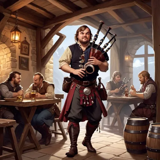 Prompt: dungeons and dragons, fantasy art, Human Male, Jack Black, bard, playing bagpipes, Tavern, inn, adventurer