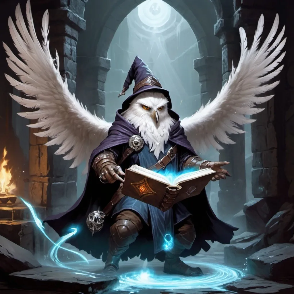 Prompt: dungeons and dragons, fantasy art, Owlin male, wizard, white feathers, floating spellbook, casting magic missle, dark dank dungeon,