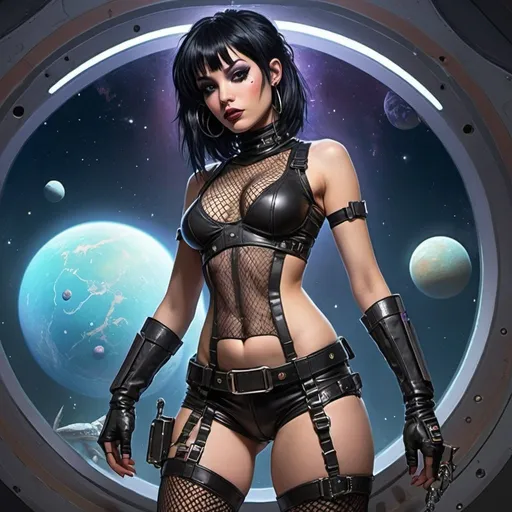 Prompt: Sci-fi starfinder space faring emo punk girl black hair bounty hunter fishnets thong