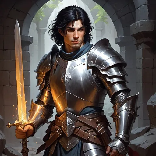 Prompt: dungeons and dragons, fantasy art, Human Male, Paladin, black hair, square jaw, Shiny plate mail armor, Holy sword, Adventurer, dark dank dungeon,