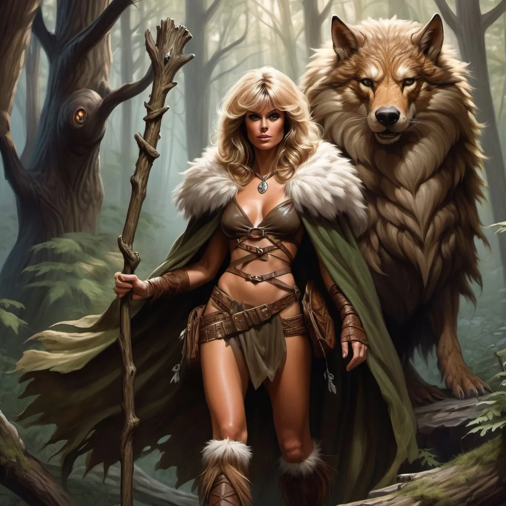 Prompt: Dungeons and Dragons, fantasy art, Farrah Fawcett, Female Human, Druid animal fur pelt armor , fur cloak, gnarled wooden staff, Dense forest