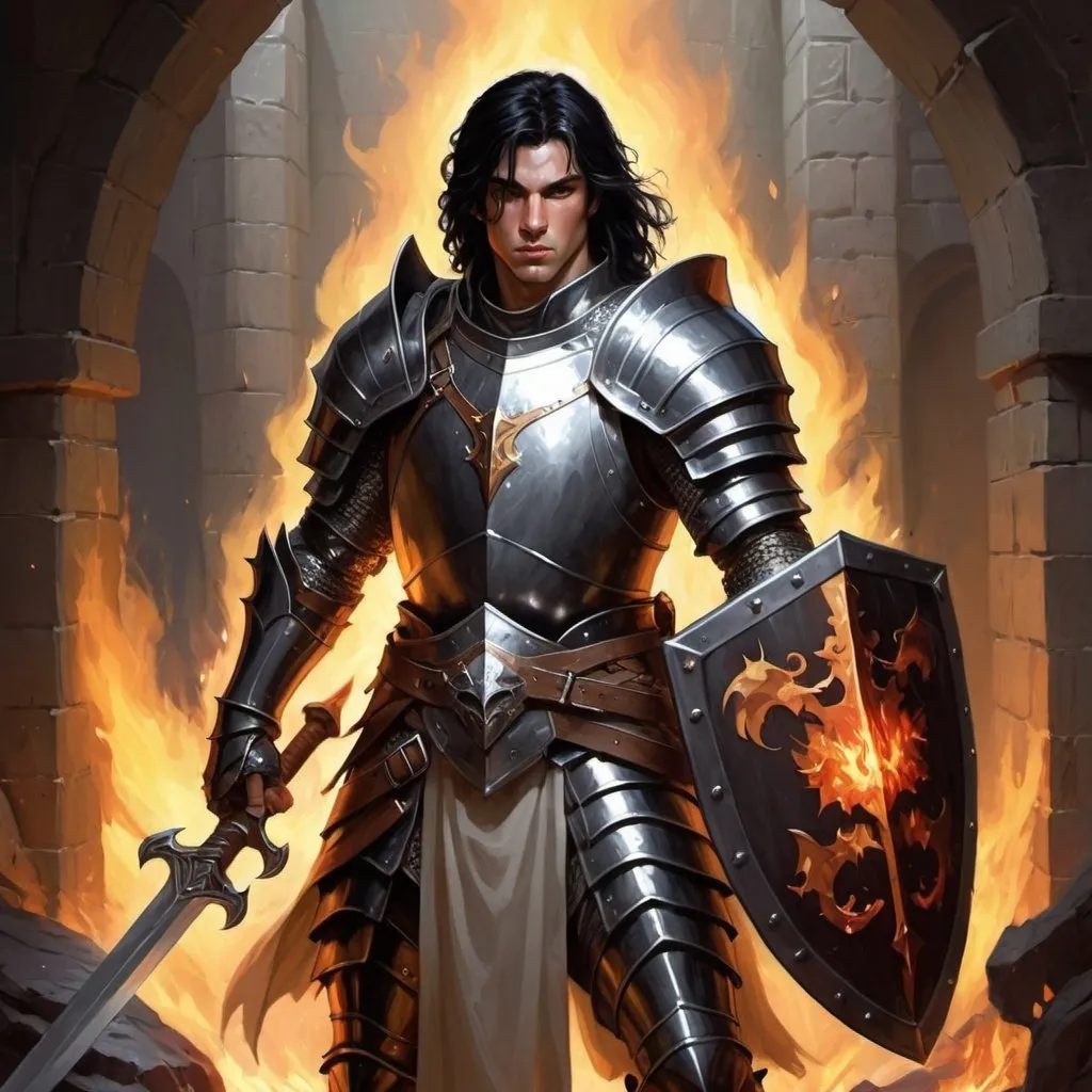 Prompt: dungeons and dragons, fantasy art, Human Male, Paladin, black hair, square jaw, Shiny plate mail armor, Holy flaming sword, shield, Adventurer, dark dank dungeon,