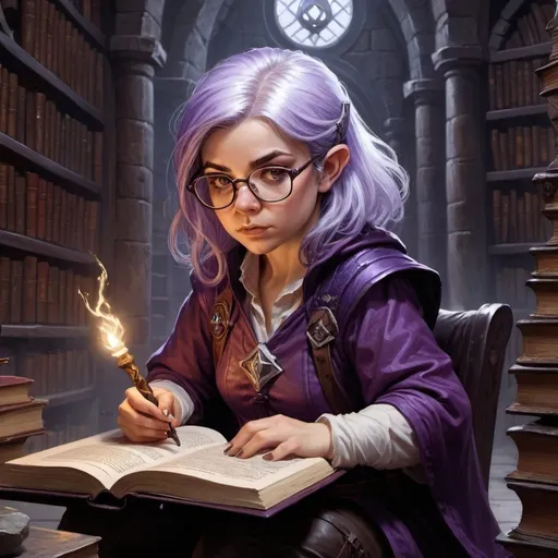 Prompt: dungeons and dragons, fantasy art, female halfling, dark purple and silver hair, wearing glasses, wizard, casting spell, ancient library,