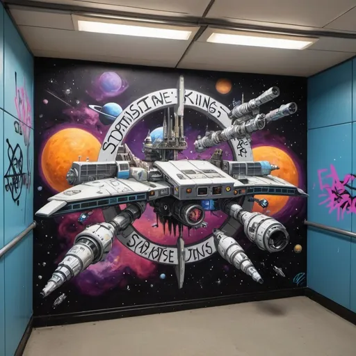 Prompt: sci-fi, starfinder, space faring, Space station, graffiti the phrase "Downside Kings" on space station wall,