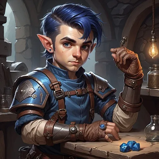 Prompt: dungeons and dragons fantasy art Halfling male artificer with dark blue  hair artificial arm workshop tinkerer