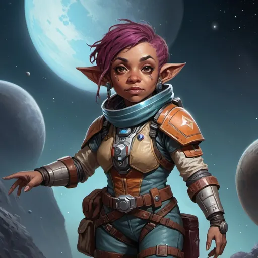 Prompt: sci fi starfinder space faring female halfling woman bodega
