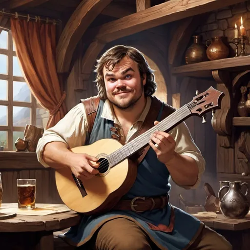 Prompt: dungeons and dragons, fantasy art, Human Male, Jack Black, bard, playing Lute, Tavern, inn, adventurer, 