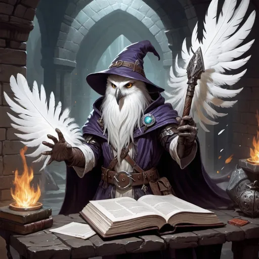 Prompt: dungeons and dragons, fantasy art, Owlin male, wizard, white feathers, floating spellbook, casting magic missle, dark dank dungeon,