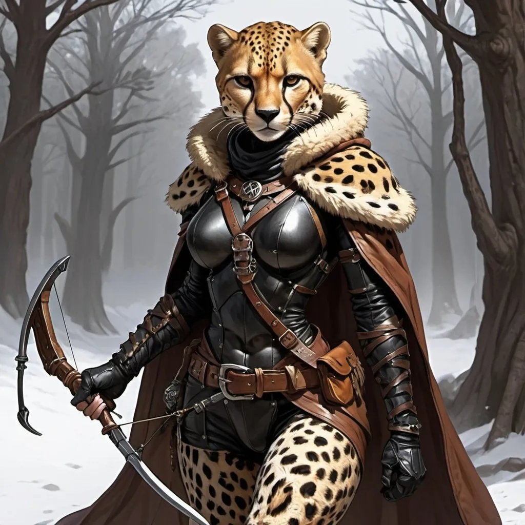 Prompt: dungeons and dragons, fantasy art, female cheetah-person, Rogue, Black leather Armor, Cloak, hand crossbow, adventurer