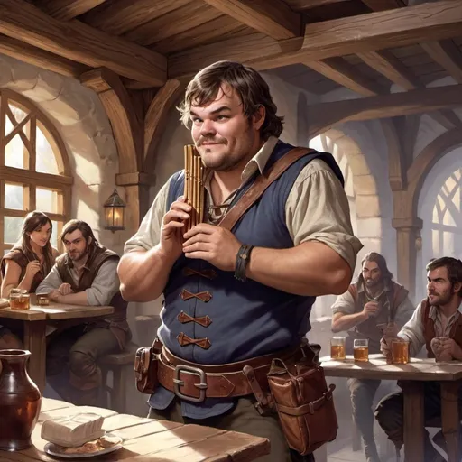 Prompt: dungeons and dragons, fantasy art, Human Male, Jack Black, bard, playing pan flute, Tavern, inn, adventurer