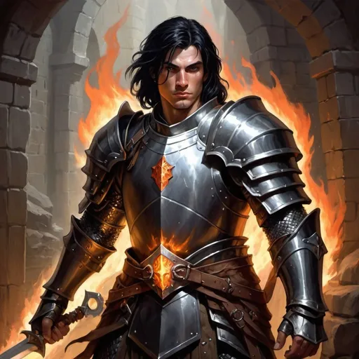 Prompt: dungeons and dragons, fantasy art, Human Male, Paladin, black hair, square jaw, Shiny plate mail armor, Holy flaming sword, shield, Adventurer, dark dank dungeon,