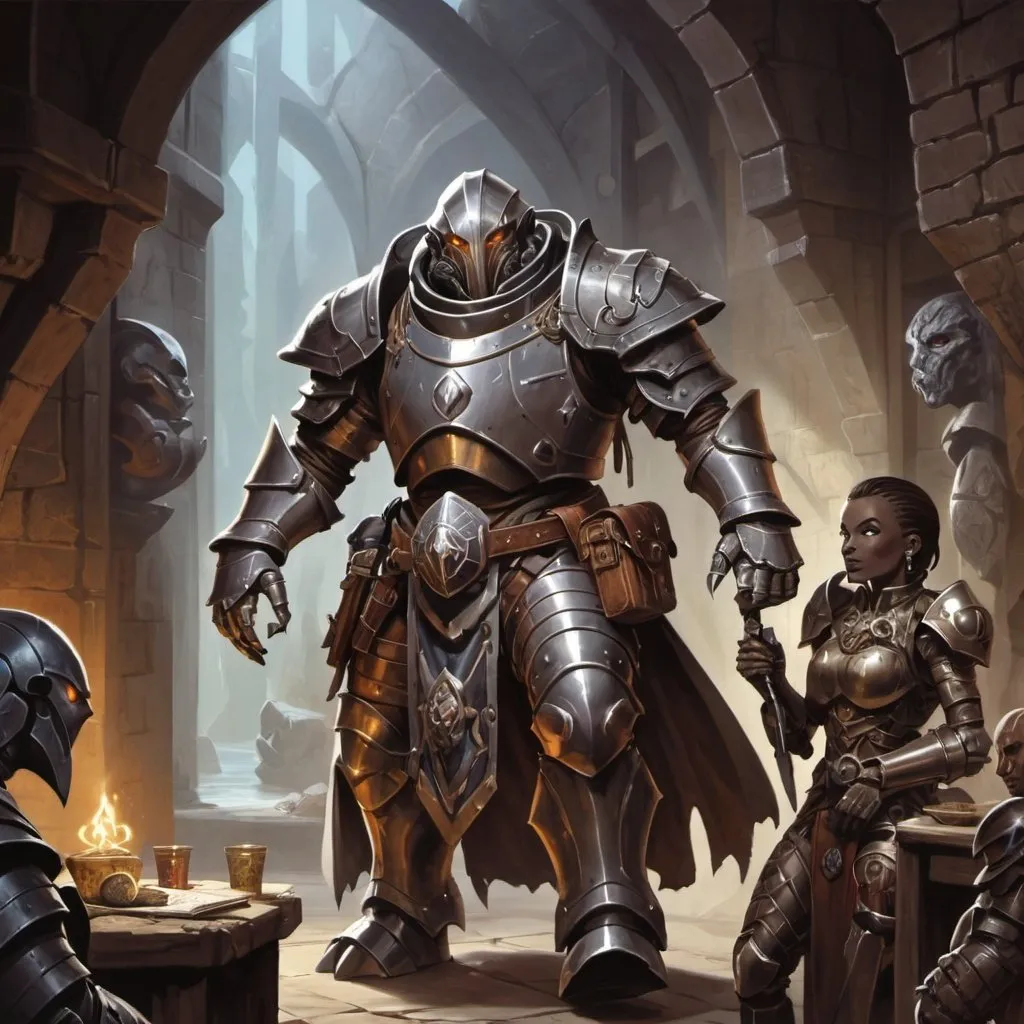 Prompt: dungeons and dragons, Warforged, Eberron, wayne reynolds, Adventurer, dark dank dungeon,