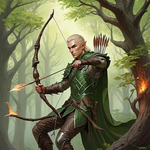 Prompt: dungeons and dragons, fantasy art, Elven Male, Ranger, long Bow, Shooting flaming arrow, green leaf armor, Adventurer, woods, perched in tree branches,