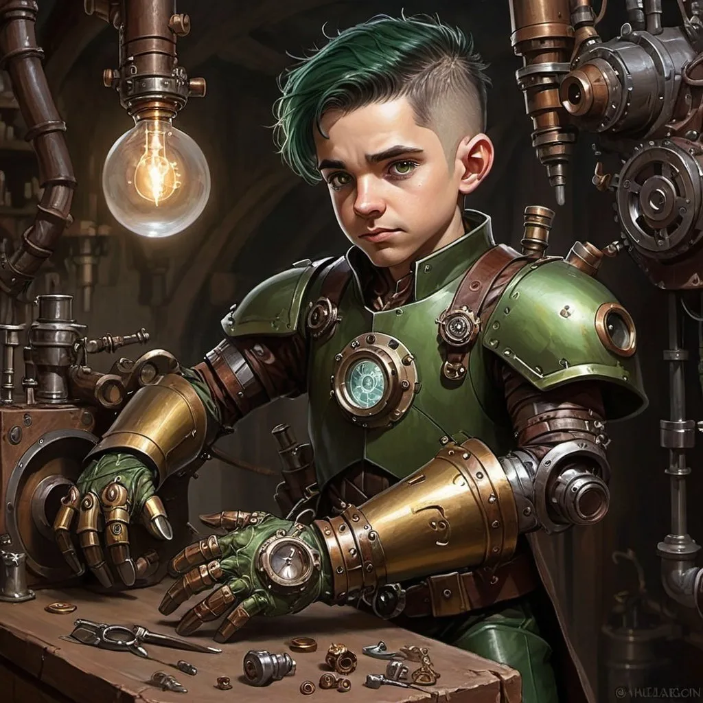 Prompt: dungeons and dragons, fantasy art, Halfling male, artificer, dark green hair, prosthetic clockwork arm, hazel eyes, workshop, tinkerer, clockwork iron-man suit, steampunk fantasy