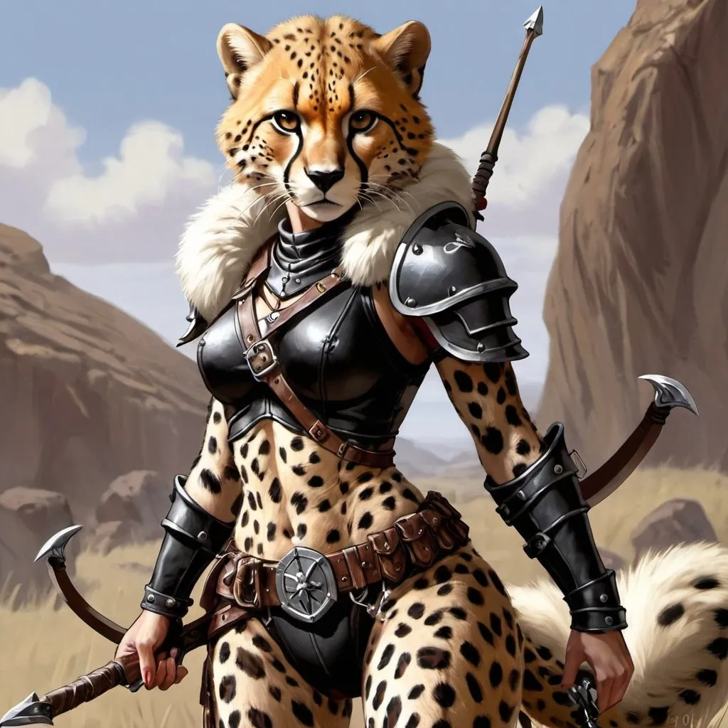 Prompt: dungeons and dragons, fantasy art, female cheetah-person, , cheetah, fur skin, Rogue, Black leather Armor, hand crossbow, adventurer
