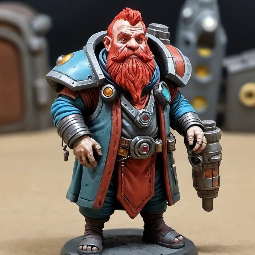 Prompt: Sci-fi starfinder space faring red headed Dwarf shopkeep junk dealer