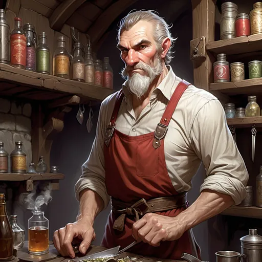 Prompt: Dungeons and dragons, fantasy art, older male, barkeep, dirty apron, bushy sideburns, skinny and tall