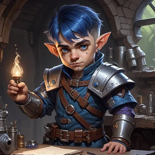 Prompt: dungeons and dragons fantasy art Halfling male artificer with dark blue  hair artificial arm workshop tinkerer