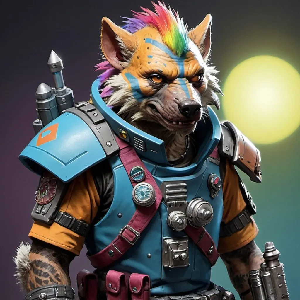 Prompt: sci-fi starfinder space faring Gnoll wit rainbow colored Mohawk bounty hunter