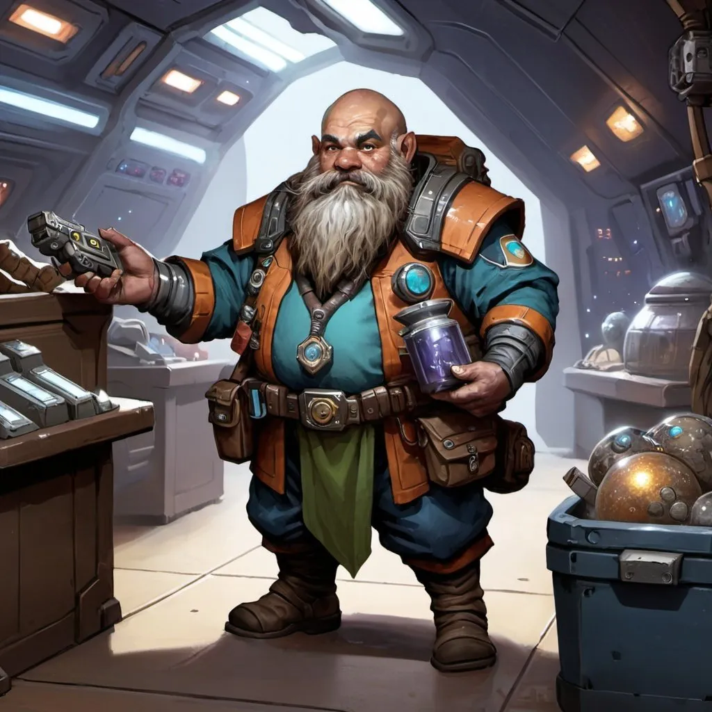 Prompt: Sci-fi starfinder space faring Dwarf shopkeep junk dealer