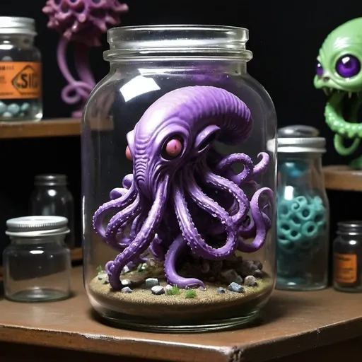 Prompt: Sci-fi starfinder space faring purple tentacle  in a jar alien shopkeep junk dealer